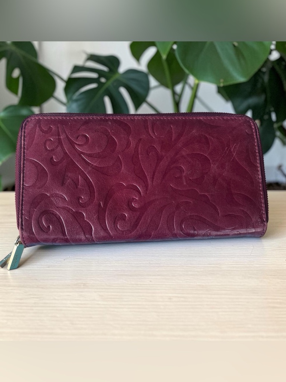 HOBO Leather Zip Around Wallet Burgundy Embossed Continental NWT